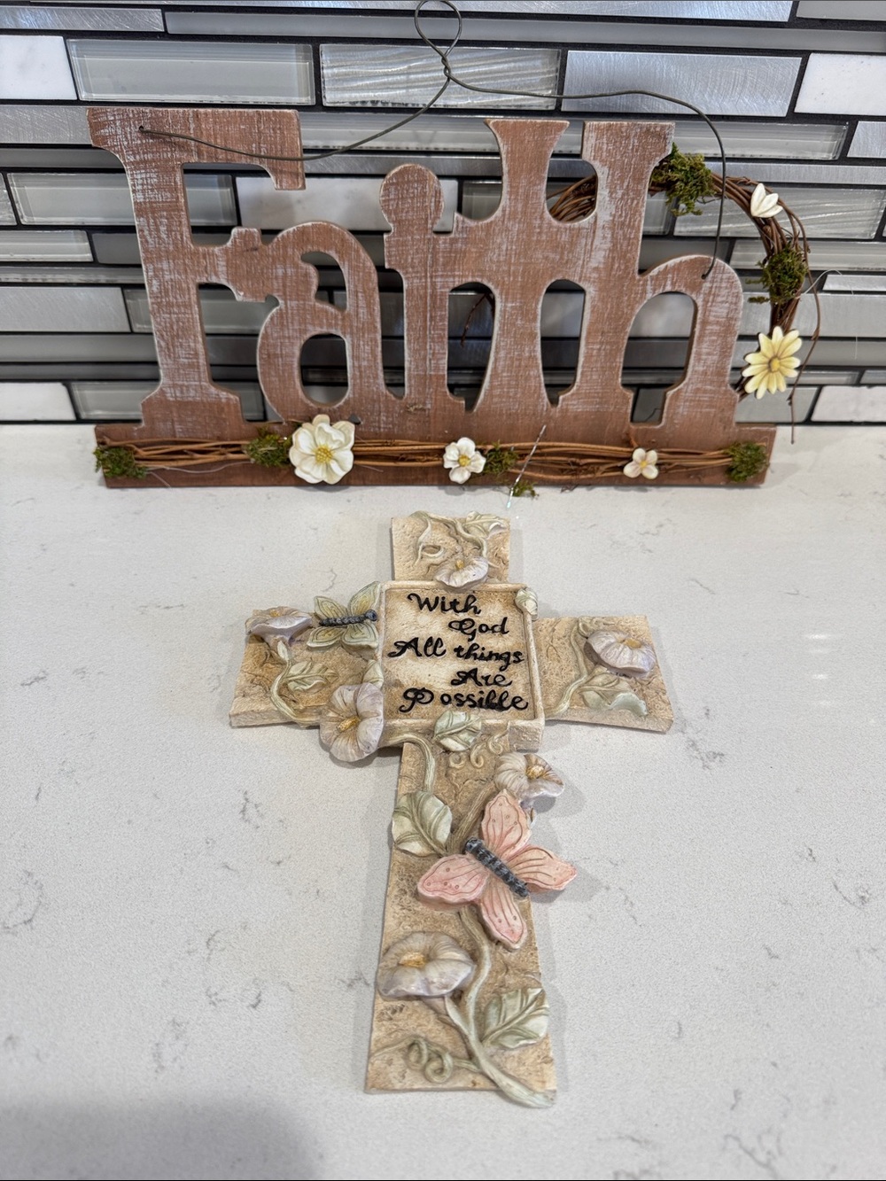 Floral Decorative Wall Cross with Butterfly - Beige and Pink
